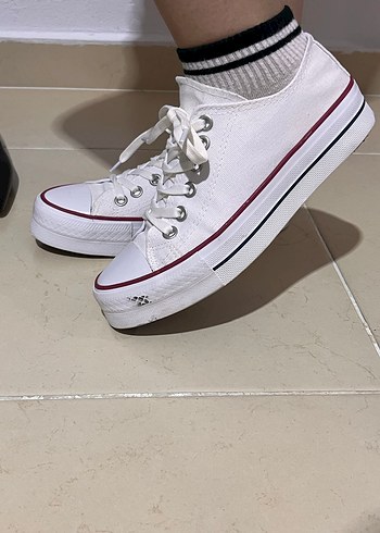 Beyaz Platform Topuklu Bağcıklı Kadın Spor Ayakkabı - Görsel 3