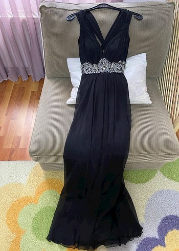 Roman marka V Yaka Siyah Uzun Abiye Elbise - Görsel 2