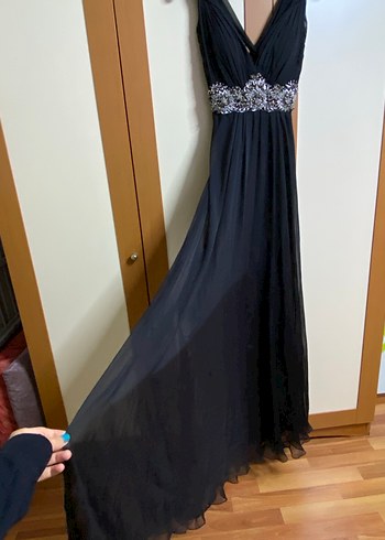 Roman marka V Yaka Siyah Uzun Abiye Elbise - Görsel 4