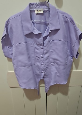 Lila Mini Keten Gömlek, Düğmeli, Kısa Kollu - Görsel 3