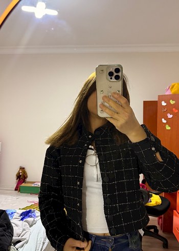 Düğmeli Siyah Kareli Kadın Ceket - Görsel 4