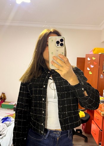 Düğmeli Siyah Kareli Kadın Ceket - Görsel 5