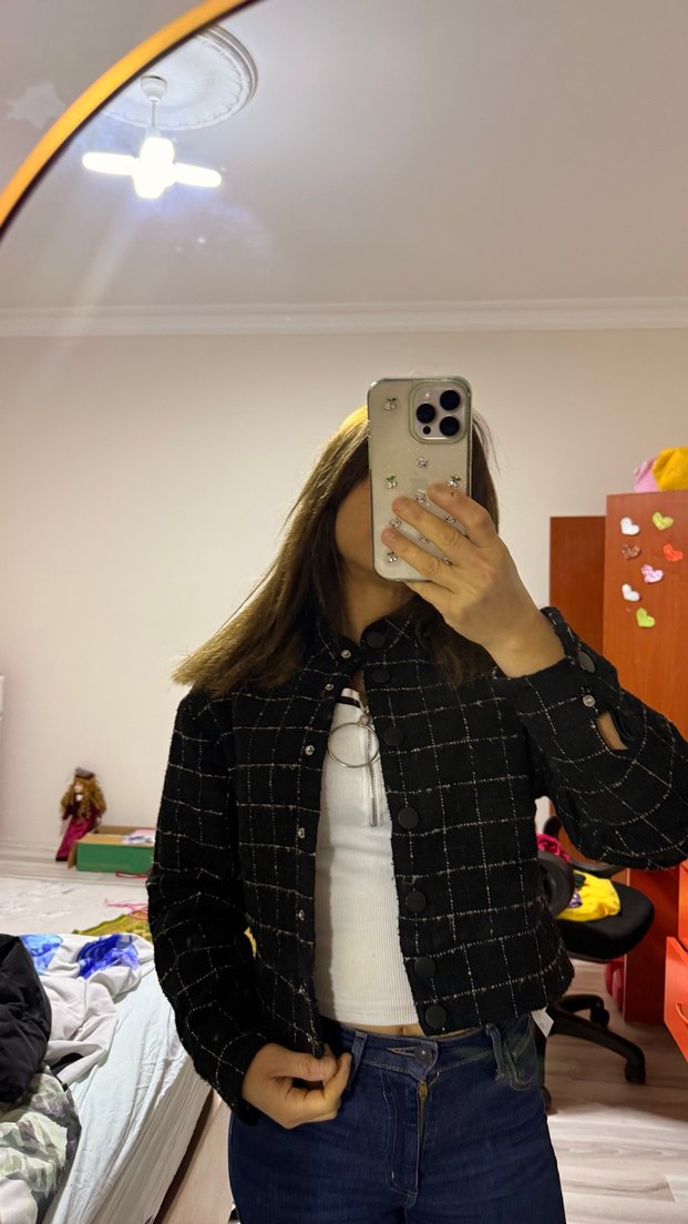 Düğmeli Siyah Kareli Kadın Ceket - Görsel 4