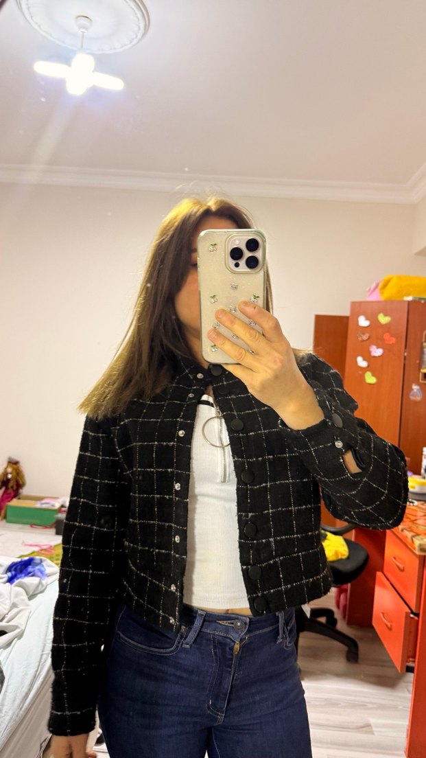 Düğmeli Siyah Kareli Kadın Ceket - Görsel 5