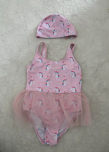 Kız Çocuk Pembe Unicorn Desenli Mayo ve Bone
