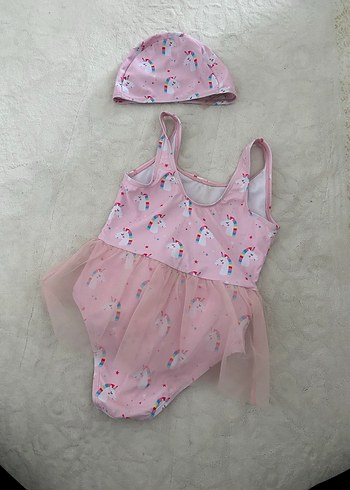 5 Yaş Beden Kız Çocuk Pembe Unicorn Desenli Mayo ve Bone