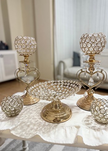 Altın Renkli Kristal Mumluk ve Sunum Seti