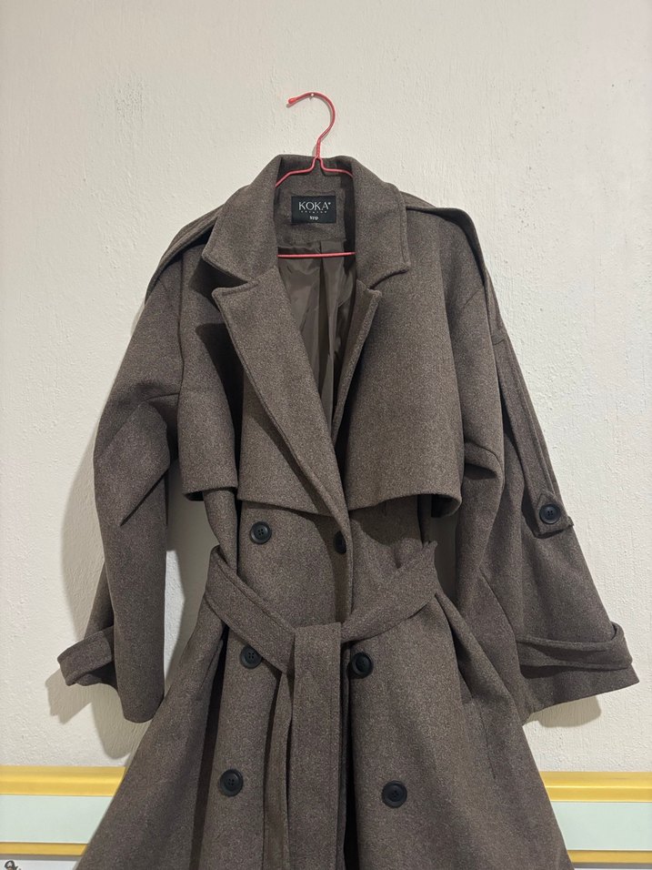 Kemerli Uzun Kahverengi Kadın Kaban - Görsel 2