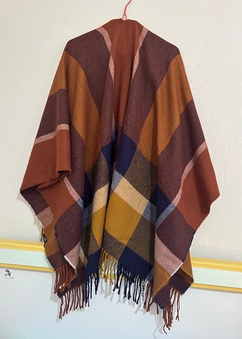 Bohem Tarzı Kahverengi Ekose Yün Panço - Görsel 2