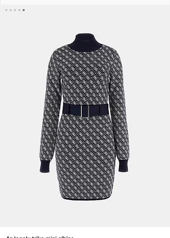 Guess Kadın Lacivert Desenli Kemerli Triko Elbise - Görsel 3