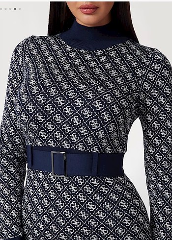 Guess Kadın Lacivert Desenli Kemerli Triko Elbise - Görsel 2