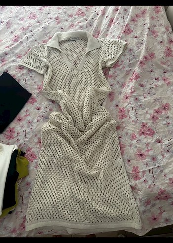 Bohem V Yaka Beyaz Uzun Örgü Elbise - Görsel 2