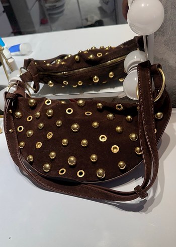 Kahverengi Süet Perçinli Kadın Çanta - Görsel 2