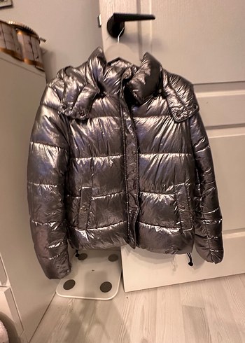 Kadın Gri Metalik Kemerli Kışlık Mont - Görsel 11