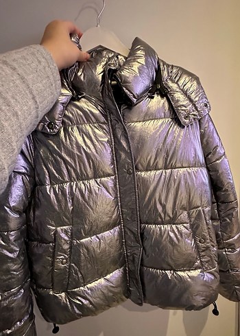 Kadın Gri Metalik Kemerli Kışlık Mont - Görsel 8