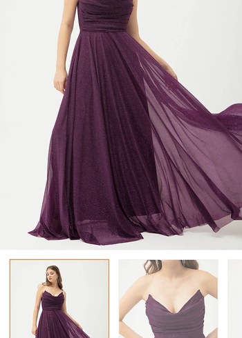 Mor Drapeli Uzun Straplez Abiye Elbise - Görsel 3