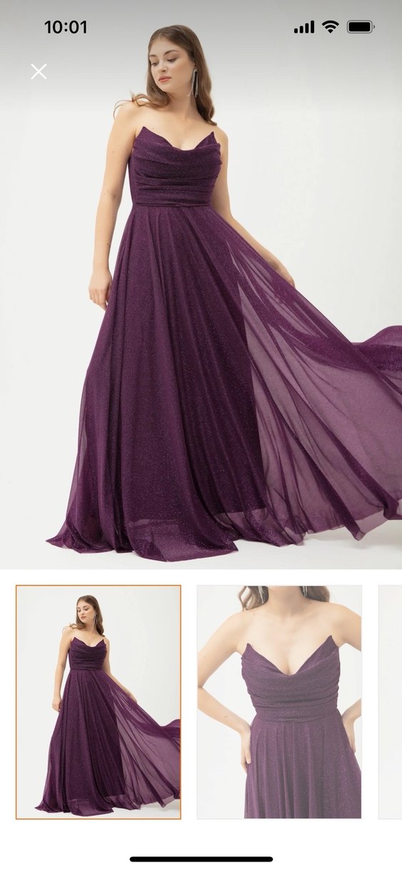 Mor Drapeli Uzun Straplez Abiye Elbise - Görsel 3