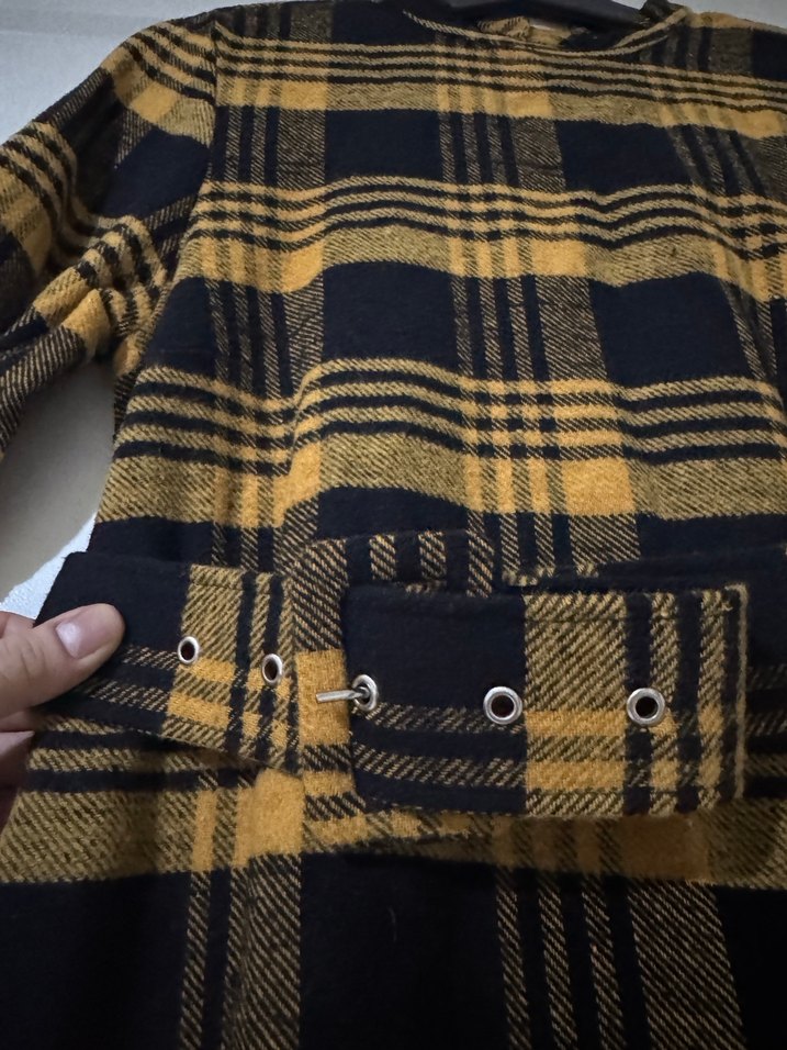 Sarı Kareli Kemerli Midi Kadın Elbise - Görsel 3