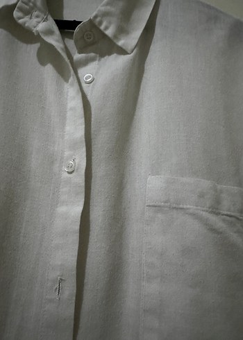 Düğmeli Beyaz Keten Gömlek standart beden - Görsel 2