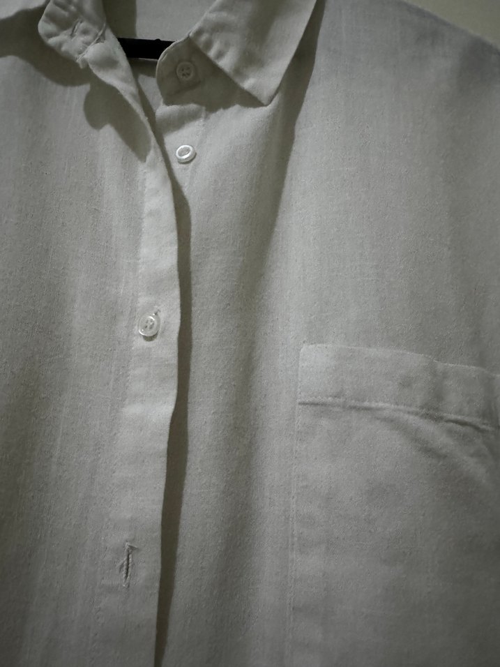 Düğmeli Beyaz Keten Gömlek standart beden - Görsel 2