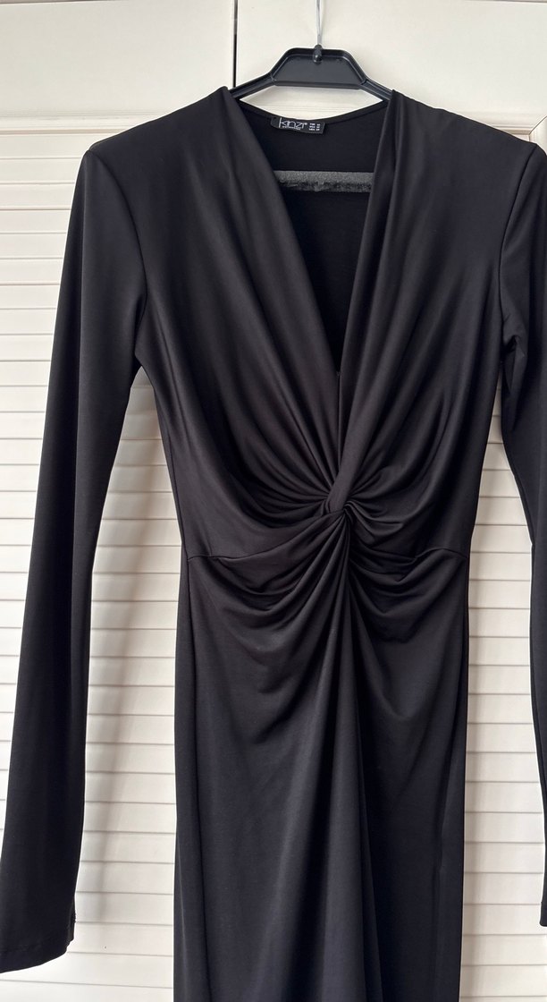 Drapeli Siyah Uzun Kollu Kadın Elbise - Görsel 3