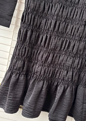 Uzun Kollu Siyah Pilili Keten Elbise - Görsel 2