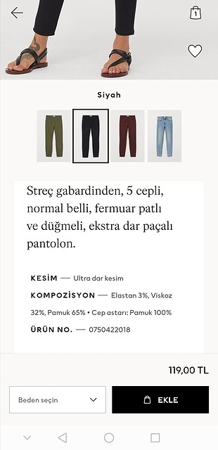 H&M sıfır orjinal etiketli skinny siyah pantolon 38 beden 