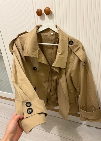 Bej oversize HM modeli oversize kısa trençkot - Görsel 4