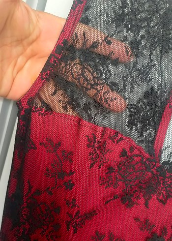 s Beden Dantel Detaylı Kırmızı Gotik Midi Elbise