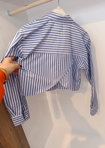 Çizgili Mavi Pamuklu Kadın Gömlek - Görsel 2