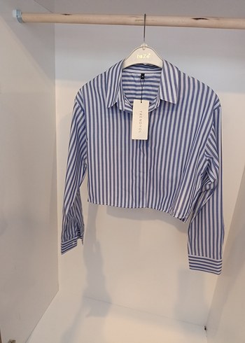 Çizgili Mavi Pamuklu Kadın Gömlek - Görsel 3