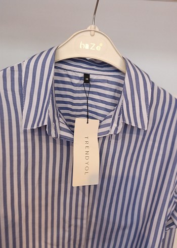 Çizgili Mavi Pamuklu Kadın Gömlek - Görsel 5