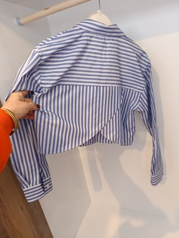 Çizgili Mavi Pamuklu Kadın Gömlek - Görsel 2