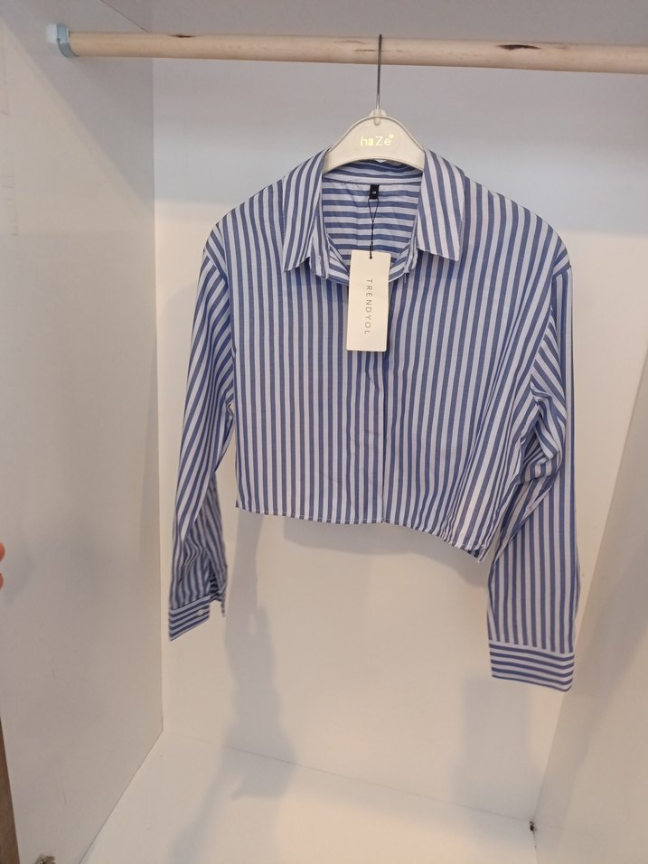 Çizgili Mavi Pamuklu Kadın Gömlek - Görsel 3