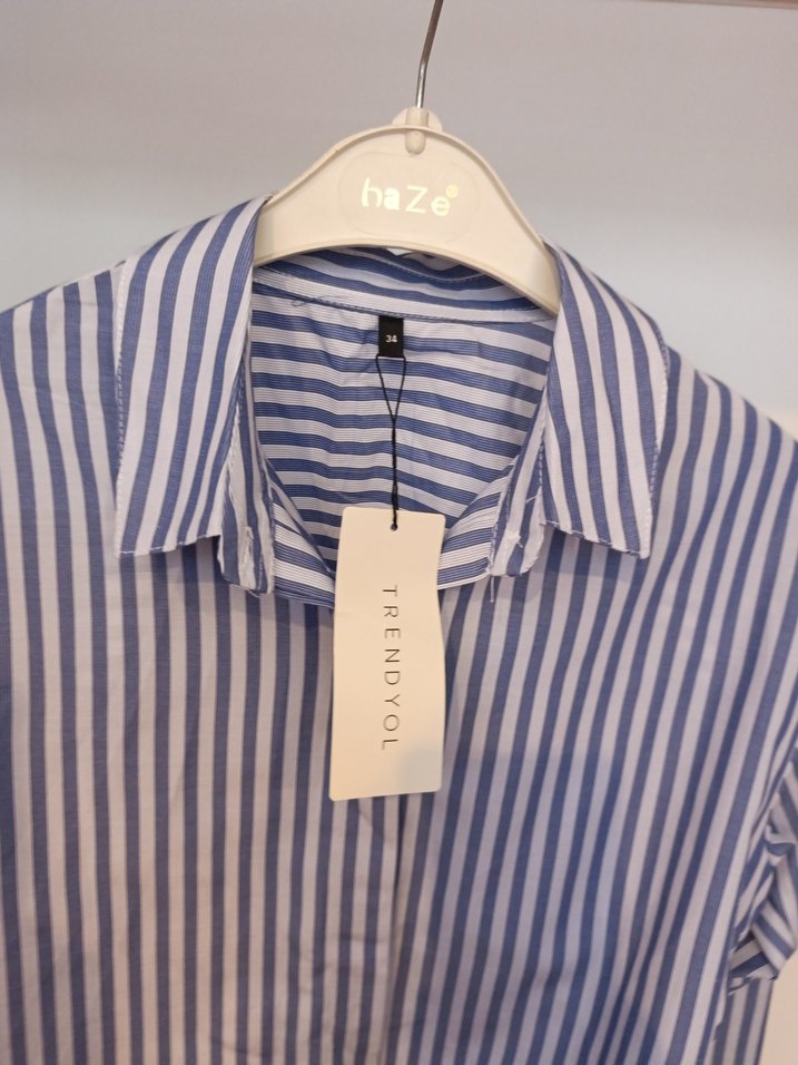 Çizgili Mavi Pamuklu Kadın Gömlek - Görsel 5