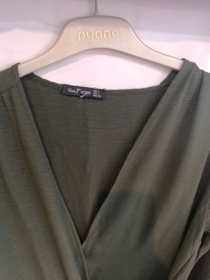 Kadın Haki Uzun Kollu Kuşaklı Elbise - Görsel 3