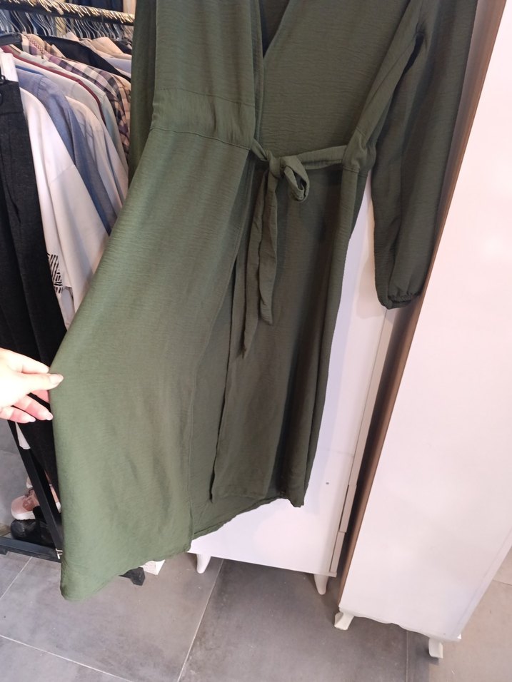 Kadın Haki Uzun Kollu Kuşaklı Elbise - Görsel 4