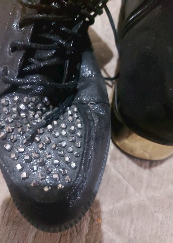 Siyah Simli Dolgu Topuklu Punk Bot - Görsel 4