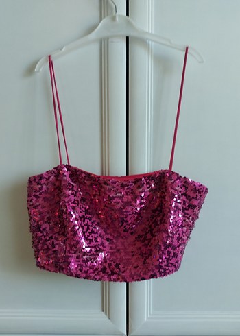 Pembe İşlemeli Parlak Midi crop - Görsel 3