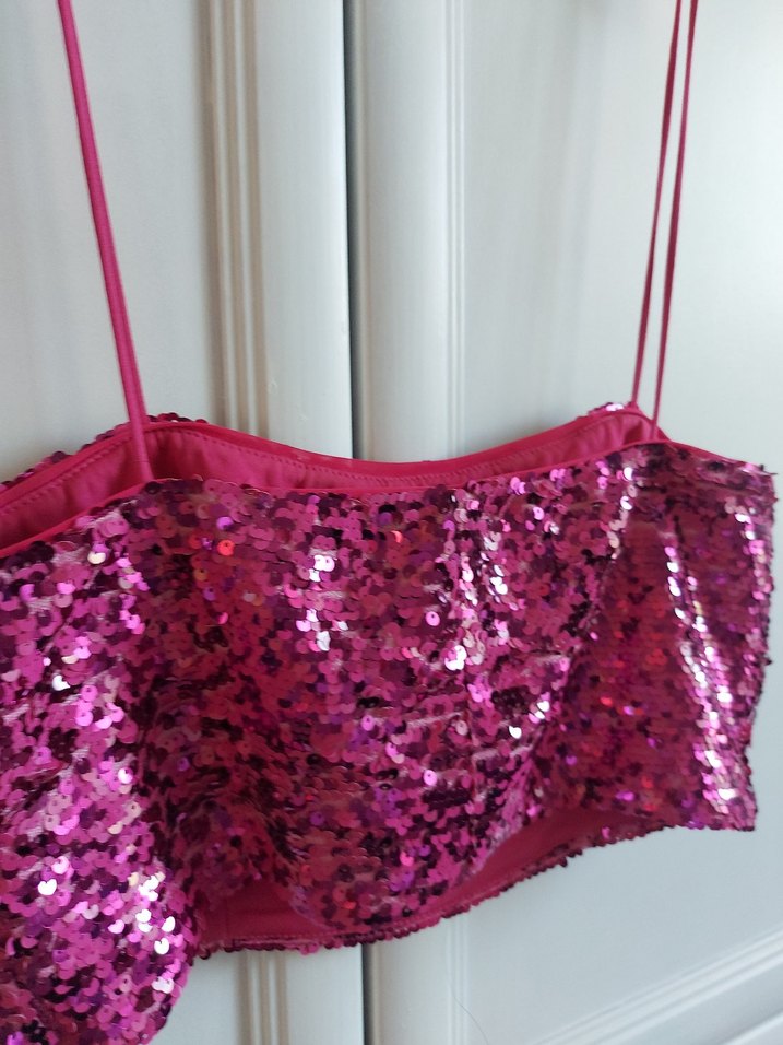 Pembe İşlemeli Parlak Midi crop - Görsel 4