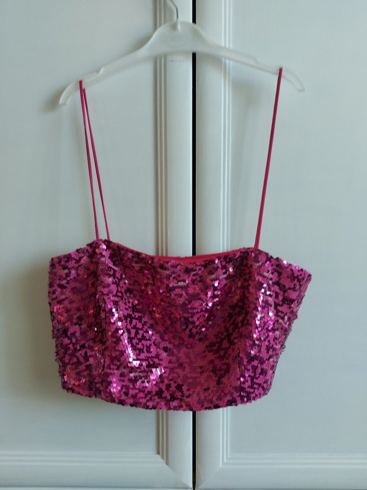 Pembe İşlemeli Parlak Midi crop - Görsel 3