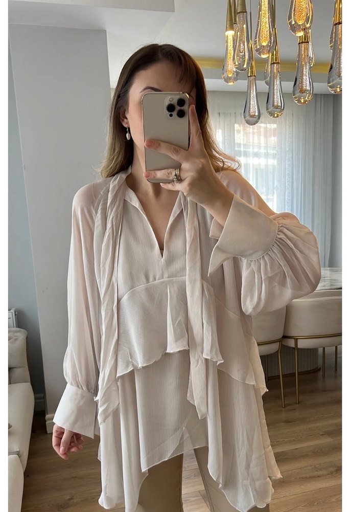 Ekru Uzun Kollu Fırfırlı Bluz - Görsel 5