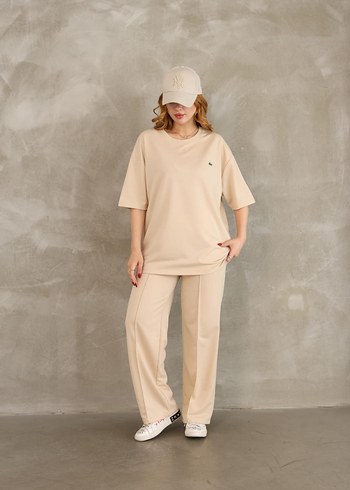 Bej Kadın Rahat Penye Pamuklu Eşofman Takım, Pijama Takım