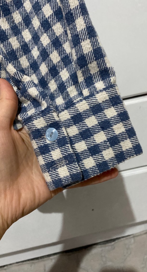 Düğmeli Uzun Kollu Mavi Kareli Kadın Gömlek - Görsel 2