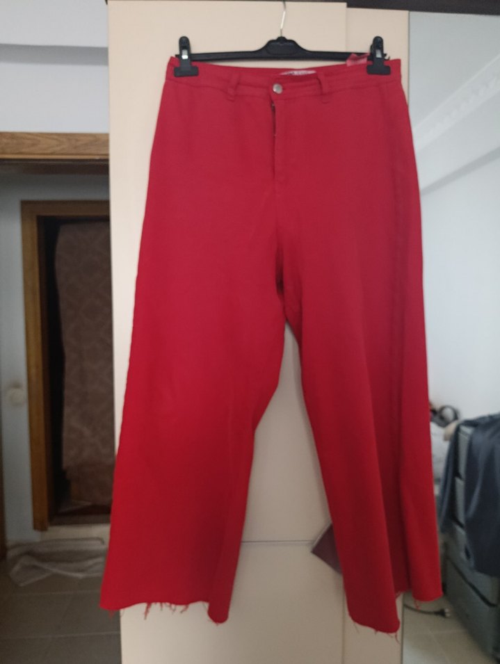 Kırmızı Bol Paça Pamuklu Culotte Pantolon - Görsel 5