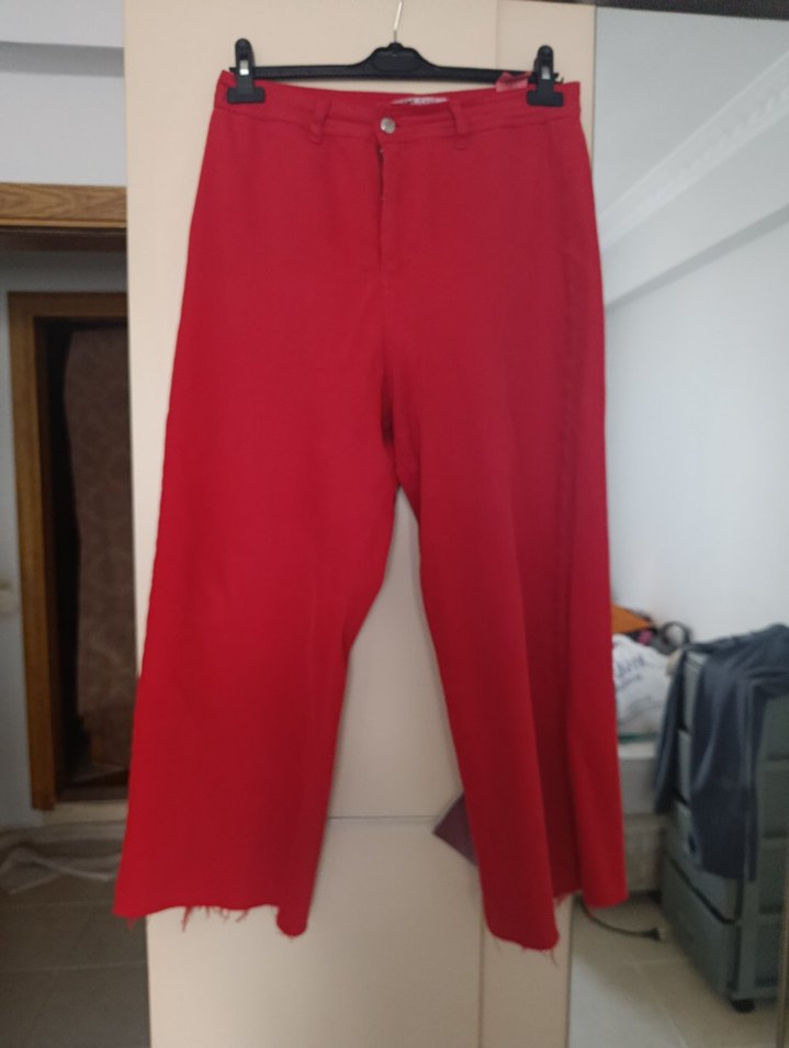 Kırmızı Bol Paça Pamuklu Culotte Pantolon - Görsel 4