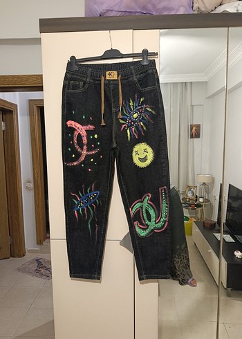 Abercrombie & Fitch Renkli Cizim Detayli Siyah Denim Pantolon