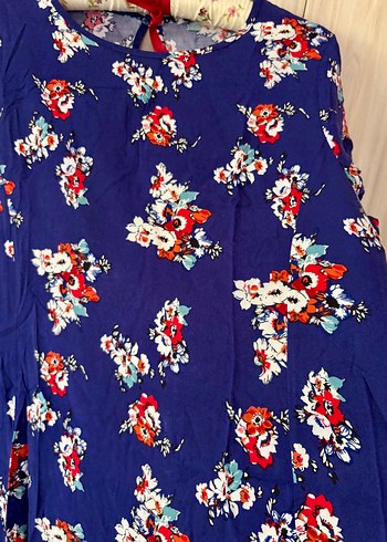 Renkli Çiçek Desenli Mavi Bohem Kısa Elbise - Görsel 3