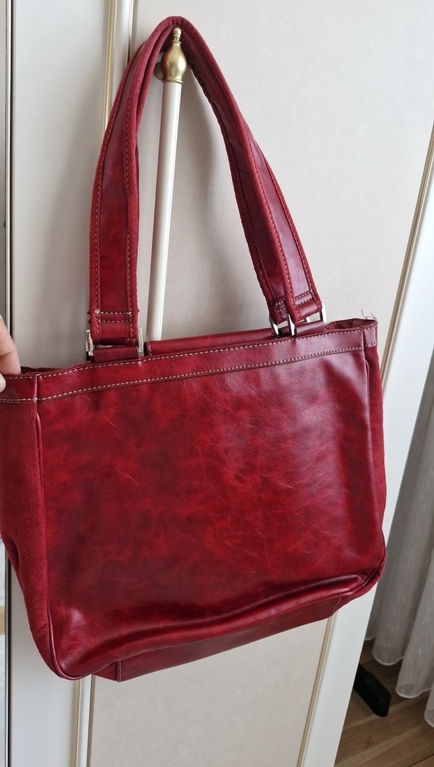 Kırmızı Parlak Deri ve süet Kadın Çanta - Görsel 4