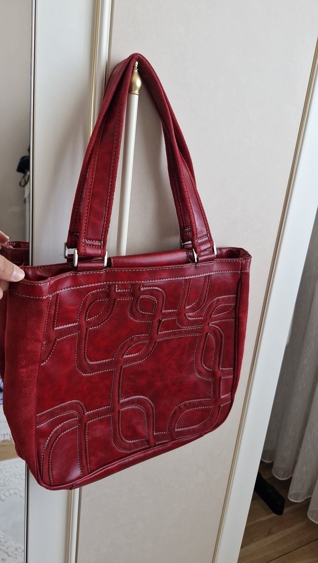 Kırmızı Parlak Deri ve süet Kadın Çanta - Görsel 2